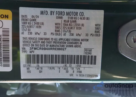 2024 Ford Bronco Sport Big Bend z USA, uszkodzony, nr VIN 3FMCR9B60RRE88027